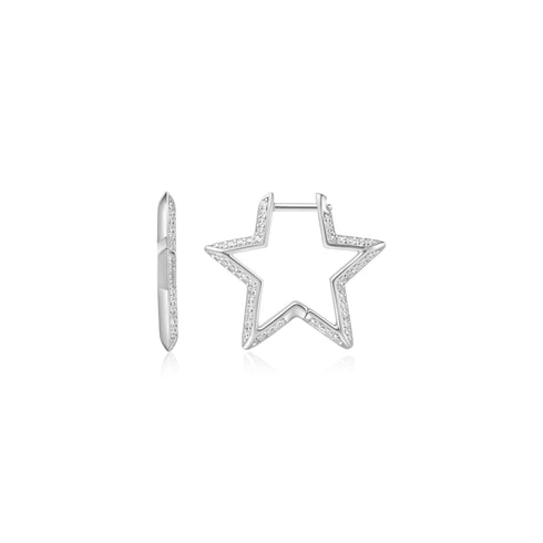 Silver Medium Star Pavé Hoop Earrings